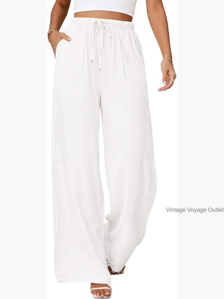 Flowy Linen Palazzo Pants For Women High Waist Wide Leg Elastic Drawstring
